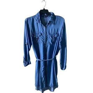 New Look Button Up Tunic Dress Womens 1X Long Sleeve Drawstring Chambray Denim